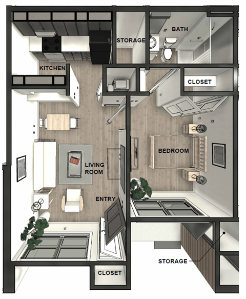 Floor plan for 1 bed, 1 bath